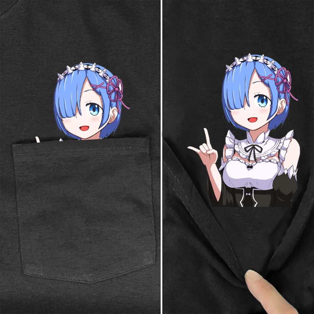 

CLOOCL 100% Cotton T-Shirt Fashion Brand Pocket Anime Cute Girl Re:Zero Rem Ram Tshirt Casual Tees Short Sleeve Round Neck Tops