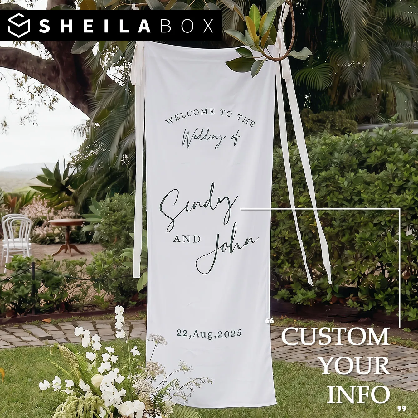 Фото Персонализированная тканевая свадебная табличка Sheilabox: Белый приветственный баннер с лентой, складной, для декора на открытом воздухе, в саду, на приеме, вечеринке, мероприятии №1