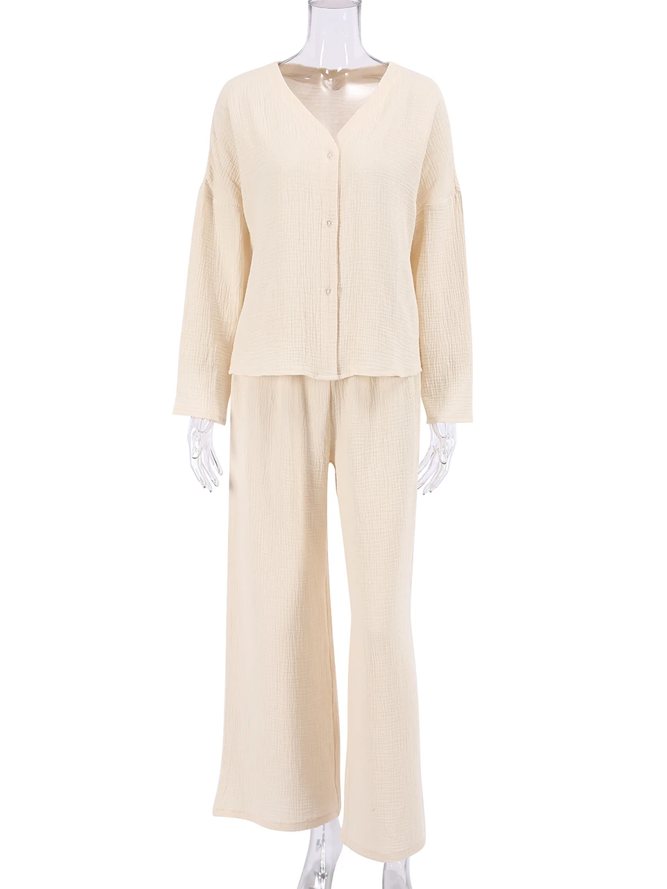 Woman Pajama Set 2 Pieces Suits Drop Sleeves Loungewear Khaki Pure Cotton Sleepwear V Neck Single Breasted Wide Leg Pants