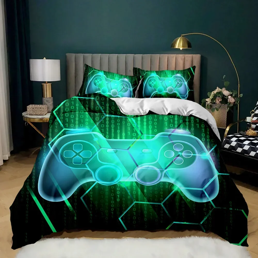 Gamepad Duvet Cover Set Twin King Size Polyester Gaming Comforter Gamer Decor for Teen Boys Green Neon Bedding