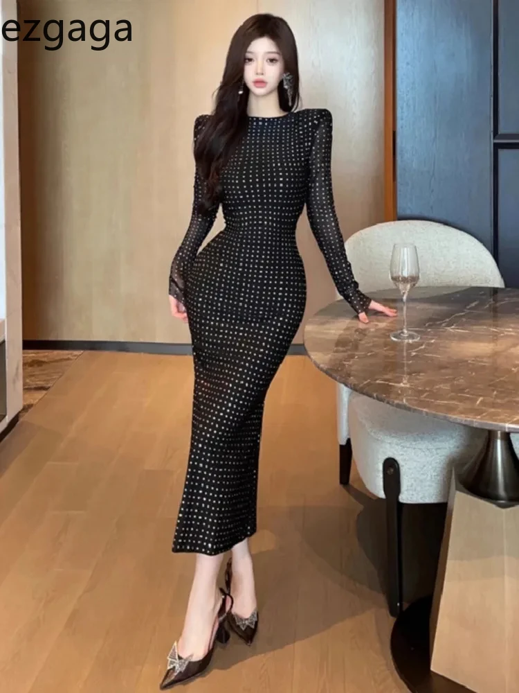 Ezgaga сексуальные платья женские бандажные блестки Тонкий с длинным рукавом