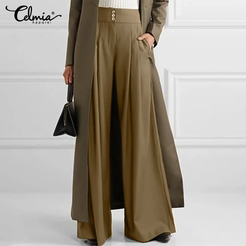 

Плиссированные однотонные широкие брюки Celmia, женские офисные брюки большого размера с высокой талией, модные повседневные свободные строч...