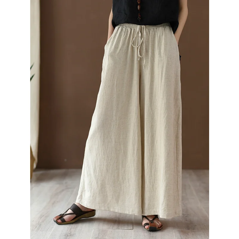 

Свободные однотонные брюки Freeacy из хлопка и льна с широкими штанинами для женщин, повседневные брюки на шнуровке с эластичным поясом, повседневная домашняя одежда