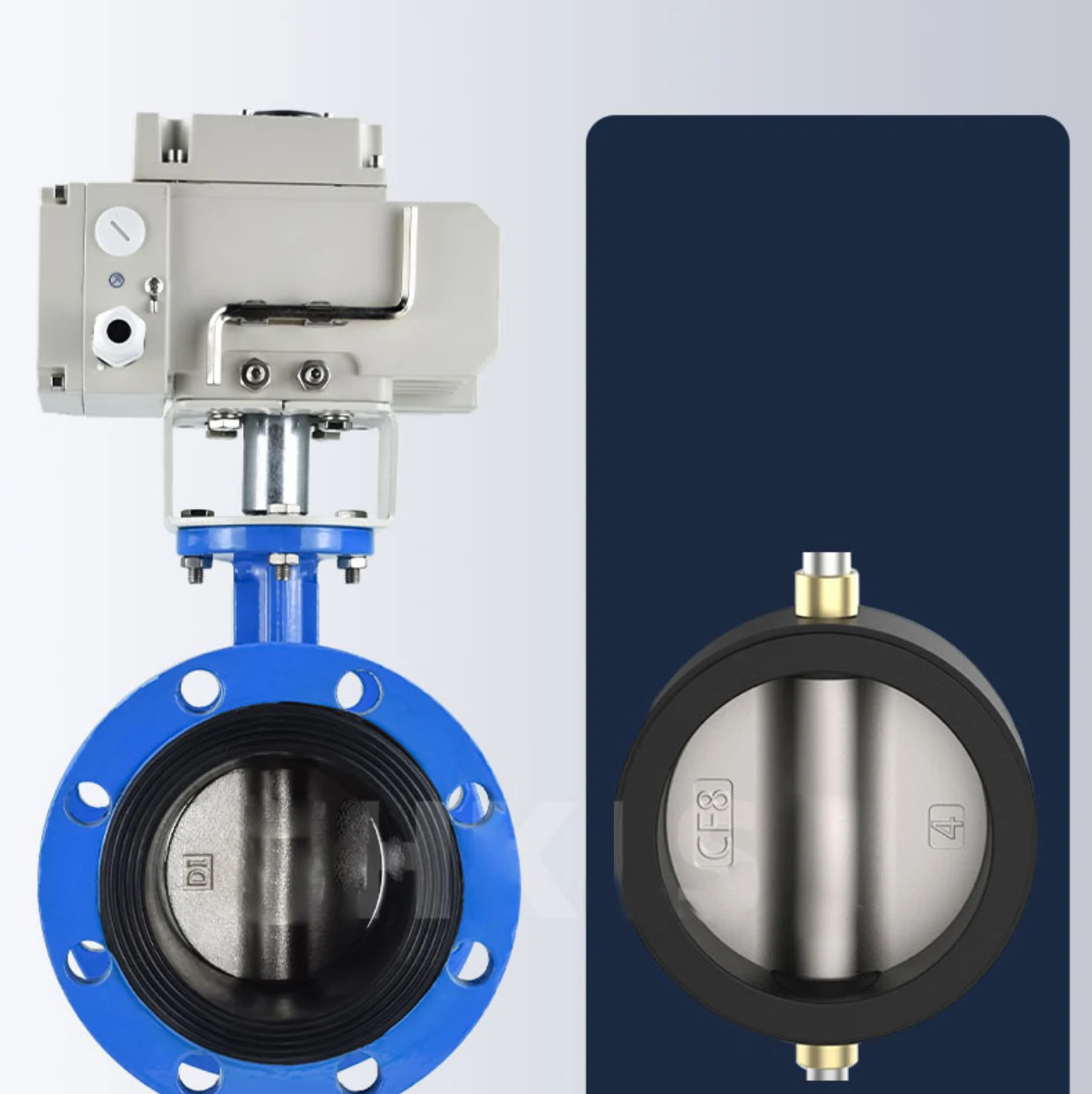 Фото Pn16 Dn150 Wcb Одиночный двойной фланец Моторизованный электрический привод с мягким уплотнением Поворотный клапан №4