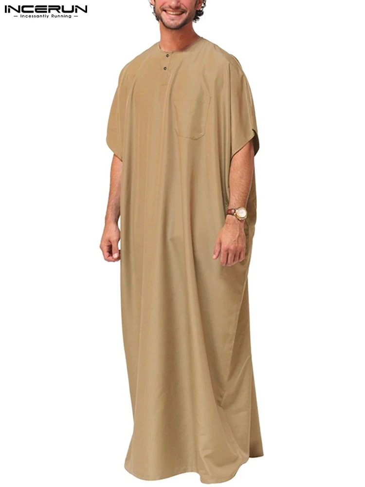 INCERUN Muslim Kaftan Style Men's Robe Half Sleeve Crew Pullover Solid Breathable Abaya Arab Hombre Lounge Gown Masculina Robes