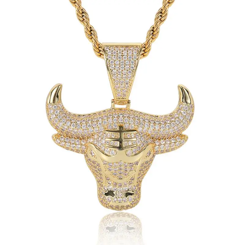 

Hip Hop Ice Out Bull Head Pendant Necklace for Men Women Fashion Casual Rock Party Rap Jewelry
