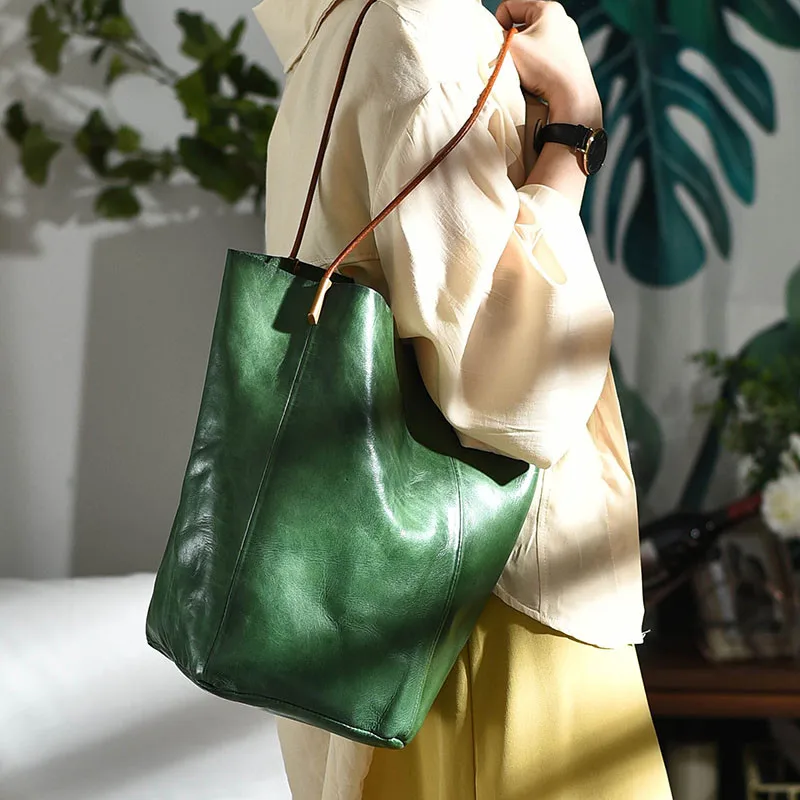 Vintage designer handmade Genuine leather female handbag fashion luxury natural first layer cowhide women tote shoulder bag