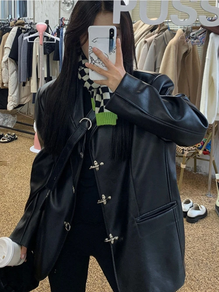 Korean Black Women's Motorcycle Leather Jacket High Street Chic Button Loose Moto Jacket Autumn Streetwear Lady Biker Coat 2022