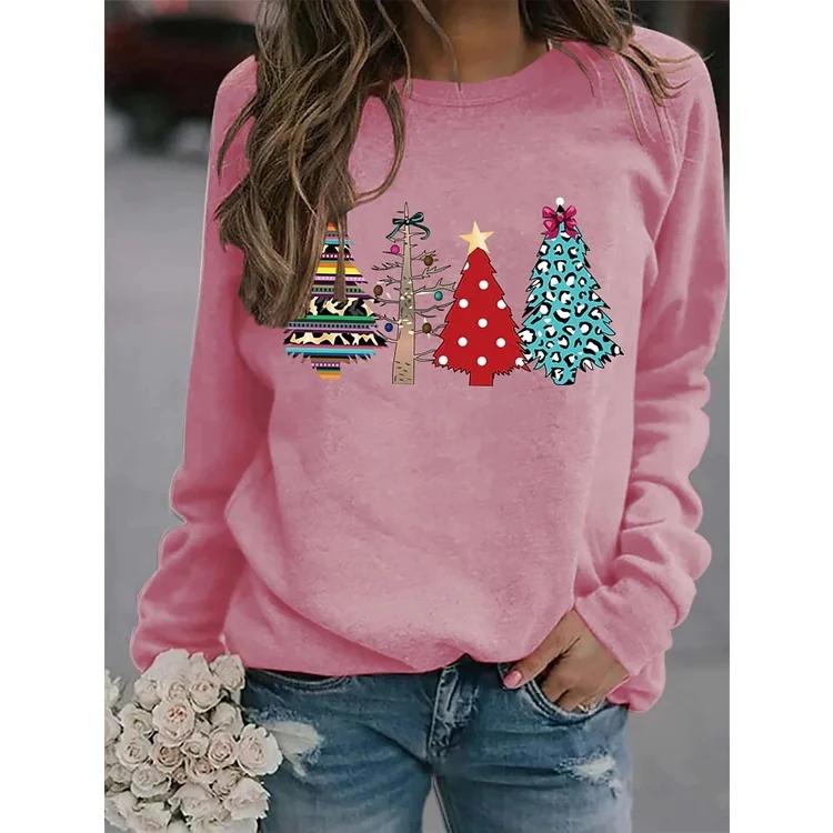 

[New In] Woman Tree Print long sleees shirts Casual Round Neck Top Tee Shirt pink yellow