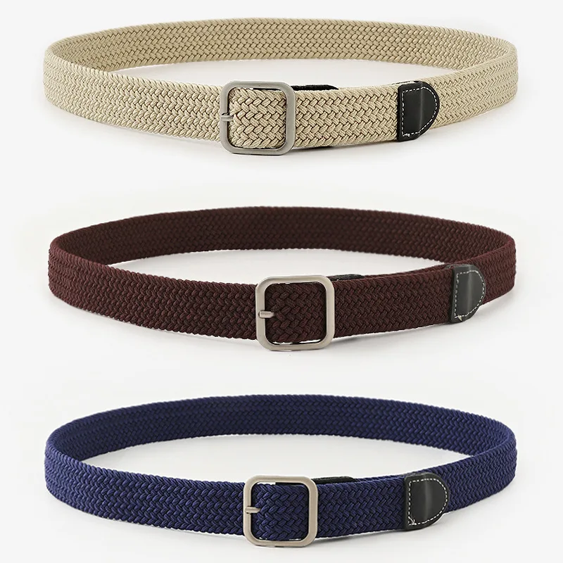 S3448 Europe Men Women's Chic Style Canvas Braided Elastic Belt Metal Square Buckle Simple Belts