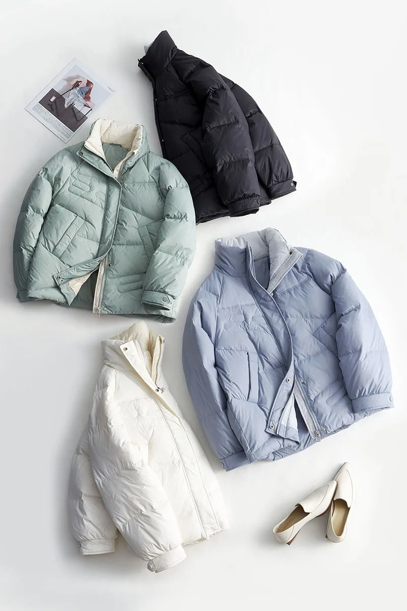 Women Short White Duck Down Jacket Zipper Winter New Fashion Casual Stand-up Black Blue Collar Bread Jackets Trendy Coat Parkas