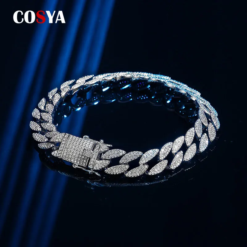 COSYA 925 Sterling Silver Cuban Bracelet for Men with Diamond Inset  High Carbon Diamond Bracelet Hip hop for Men Fine Jewelry
