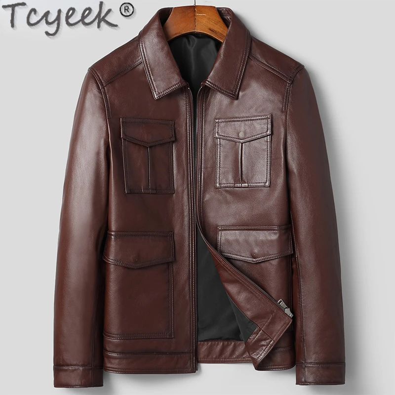 

Tcyeek Spring Fall Genuine Leather Man Jackets 2023 Casual Thin Leather Coat Top Layer Cowhide Motocycle Jacket Jaqueta Couro LM