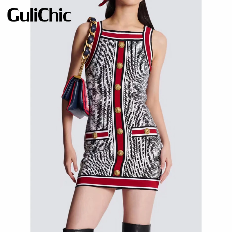 

7.3 GuliChic Women Geometric Jacquard Spaghetti Strap Sleeveless Single Breasted Slim Sexy Knitted Package Hip Dress