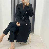 high street double breasted casual warm belted outerwear women fall winter black coat female fashion solid long sleeve jackets