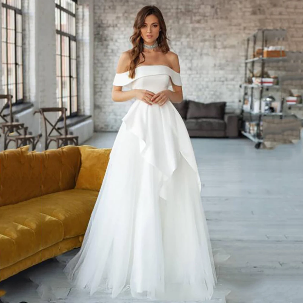 

Aviana Ivory A-Line Satin And Tulle Modern Wedding Dresses Elegant Strapless Off Shoulder Straps Bridal Gowns vestido de novia
