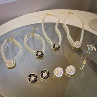 trendy pearl camellia rhinestones choker necklaces earrings for women jewelry set elegant lady ear rings wedding party wholesale