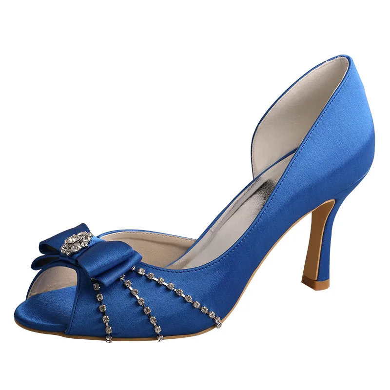 

Женские атласные туфли Wedopus, свадебные туфли на высоком каблуке с бантом, синие туфли с открытым носком
