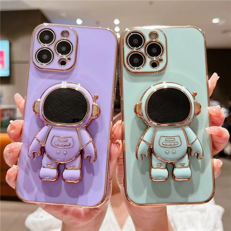 

Cartoon 3D Astronaut Folding Stand Holder Phone Case For iPhone 13 11 12 14 Pro Max 13Pro XS Max XR X Soft Plating Bumper Cover