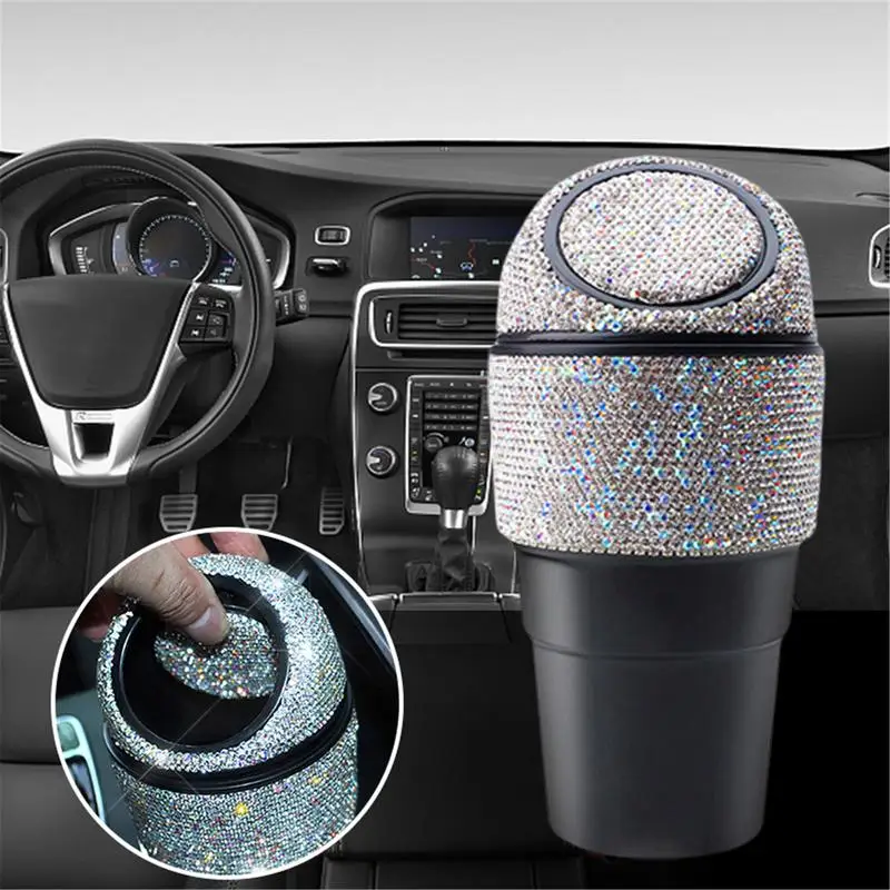 

Bling Car Trash Bin With Lid Multipurpose Cabochons Mini Storage Box Garbage Container For Home And Vehicle Interior Accessories