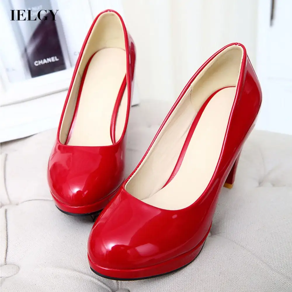 

IELGY round toe lazy shoes solid color Women's high heels shallow mouth thick heels fashion large size Simplicity