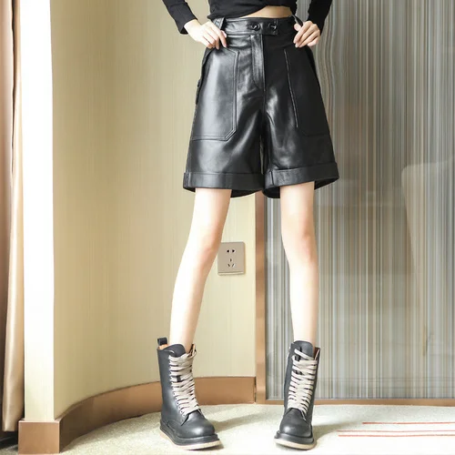 Luxury brand Genuine Shorts Spring New Leather High Waist Sheepskin Loose Wide Leg Pants Women's Clothing FCY056