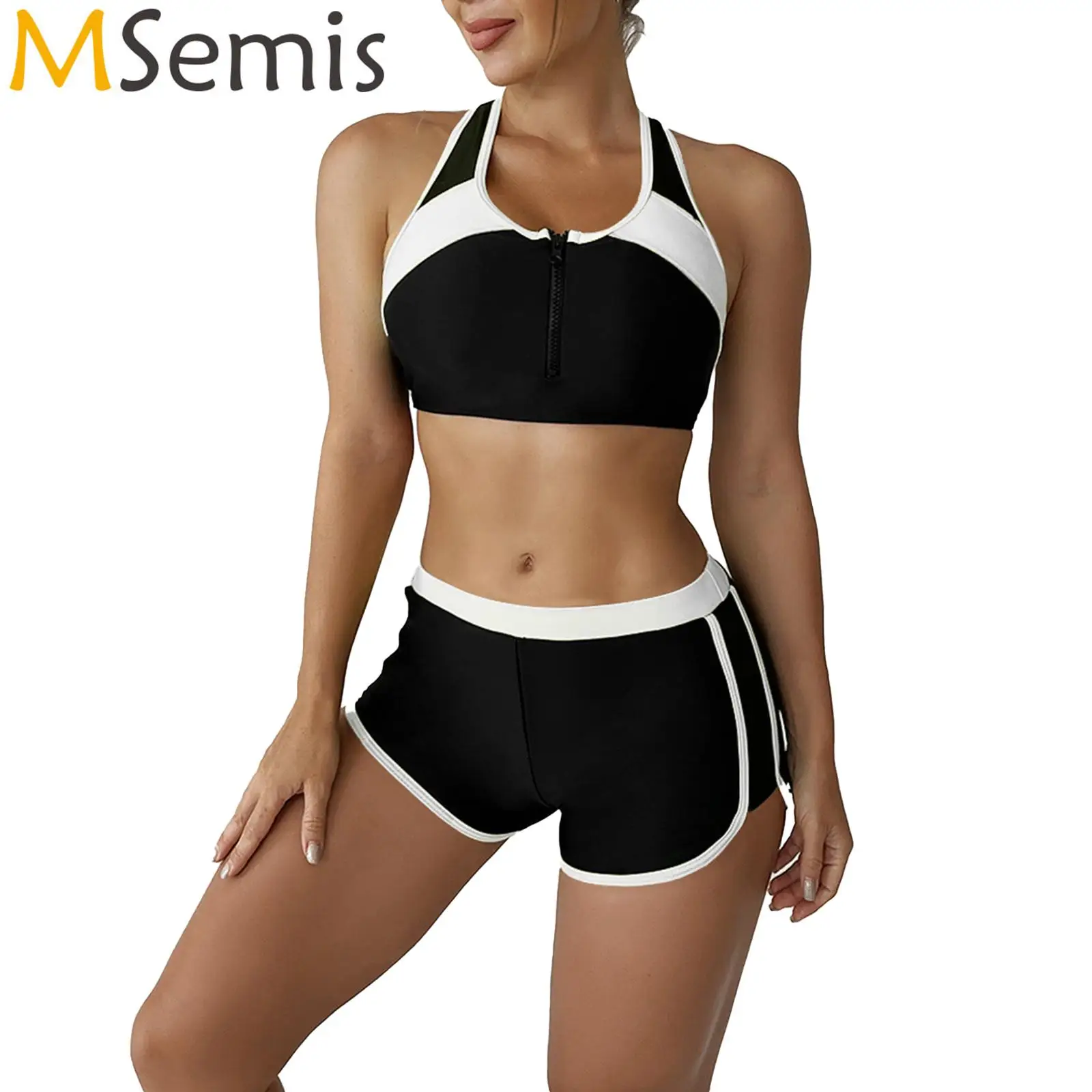 

Женский купальник из двух предметов, пляжная одежда, купальник, Женский костюм для йоги и танцев, бюстгальтер на молнии спереди, укороченный жилет, майка, комплект с шортами, спортивный костюм