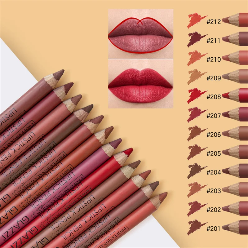 

12Pcs Lip Liner Matte Lipstick Pencil Set Waterproof Velvet Nude Lipstick Pencil Sexy Red Brown Pigments Non-stick Cup Makeup