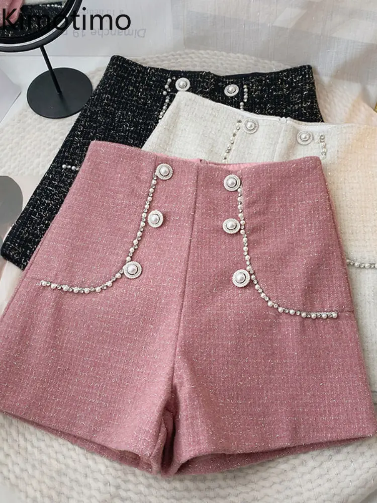 

Женские твидовые шорты Kimotimo с асимметричным бисером, зима 2022, яркие облегающие универсальные модные брюки с высокой талией в Корейском стил...