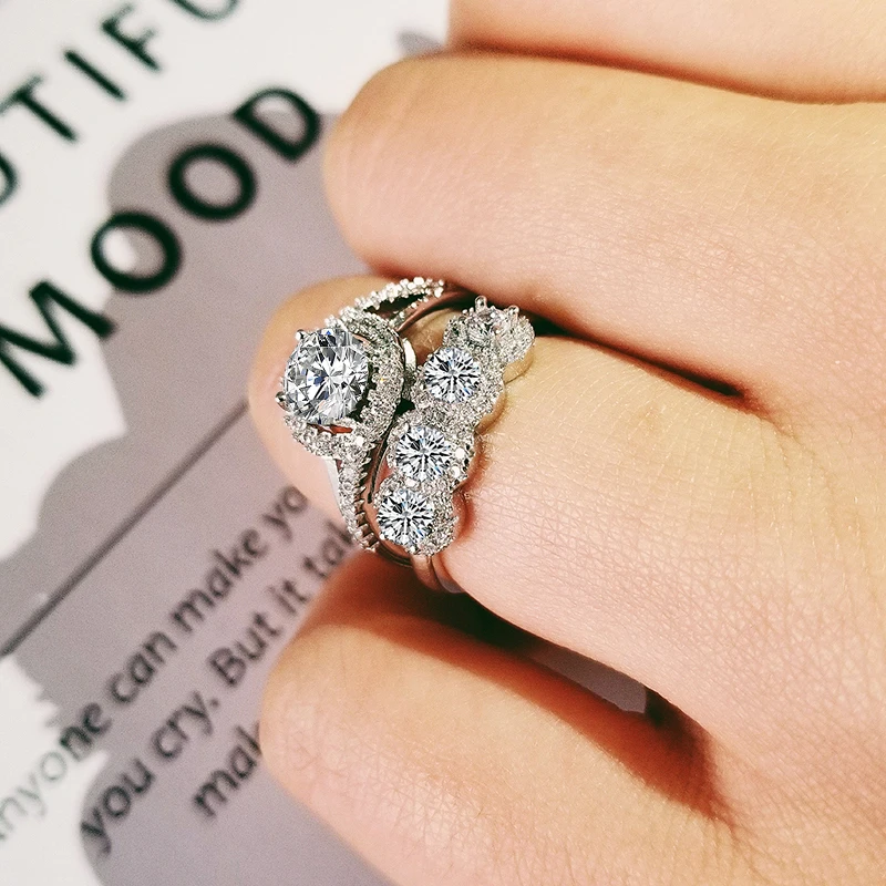 Новинка 2019 роскошные круглые серебряные Свадебные кольца для невесты набор