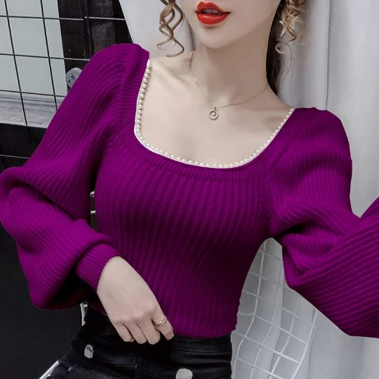 Purple Bead Women Girl Office Lady Pullover Woman Lady Knit Sweaters Low Neck Tops Tight Women's Sweater Top Coat Cloth Suéter
