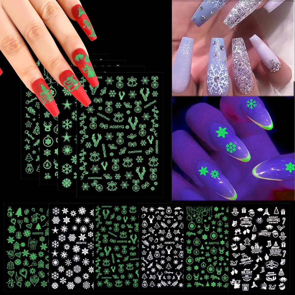 

Snowflake Luminous Nail Sticker Set 16pc Blacklight Glow In The Dark Decals Kit 3D Self-Adhesive Christmas Style Manicure Slider