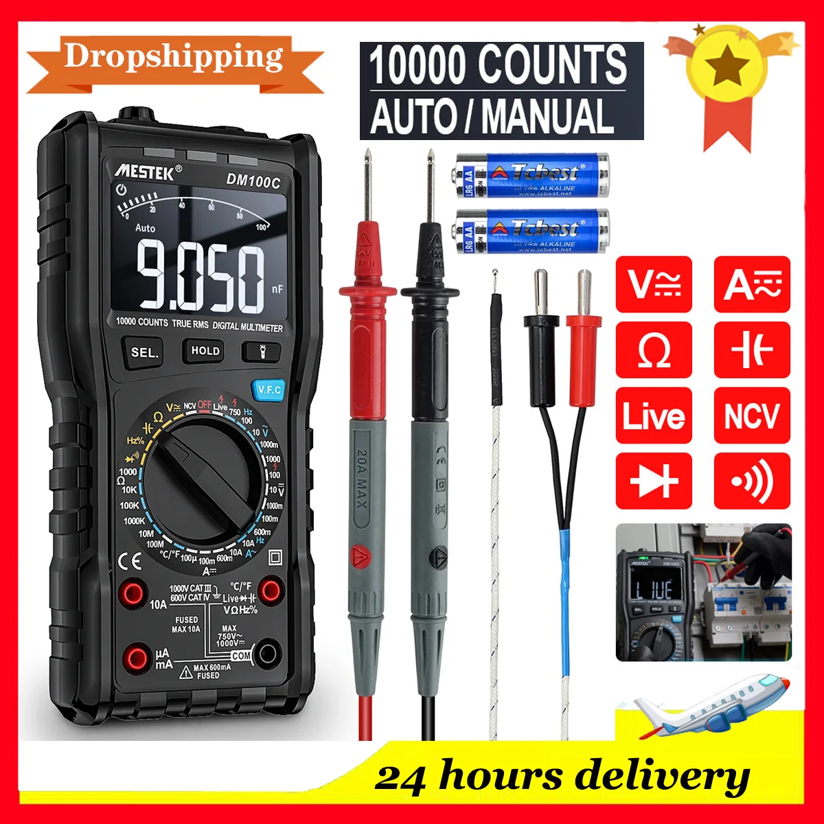 

DM100C True-RMS Digital Multimeter 10000 Count DC AC Voltage Current Temperature NCV Auto Range Tester Multi Meter Analog Bar