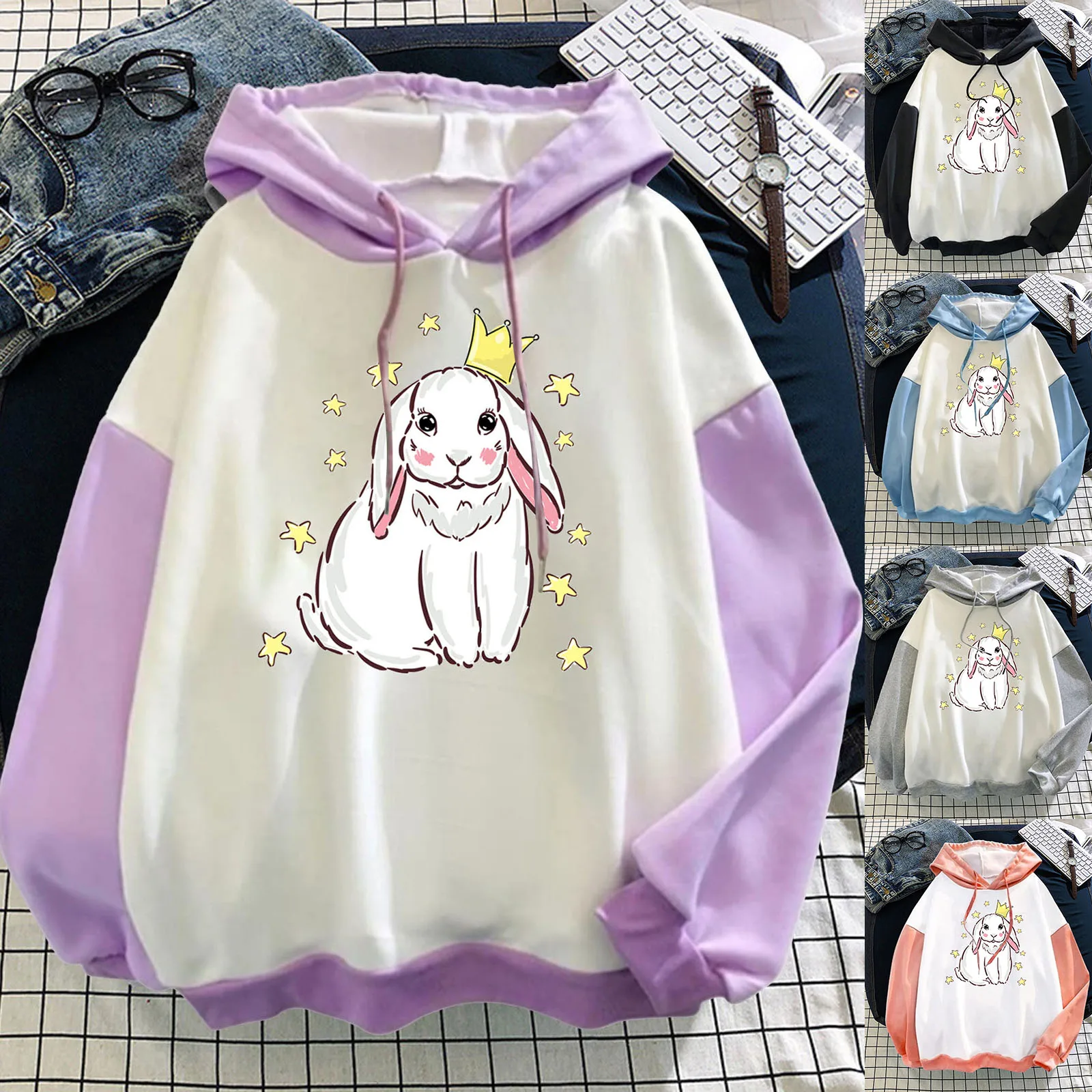 

Зимняя женская куртка, Повседневная Толстовка с длинным рукавом, с принтом кролика, Повседневная Толстовка с кулиской, вязаный свитер с цве...