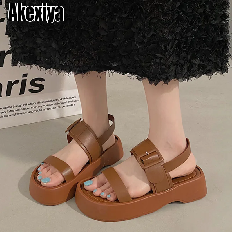 

Sandals Woman Leather Shoes Lady 2023 Muffins shoe Buckle Clogs With Heel Suit Female Beige Low-heeled Fashion New Summer