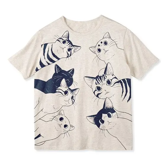 

Harajuku kaus хип-хоп мотив kucing, baju kasual lengan pendek jalanan bercetak kucing ukuran musim panas Retro Vintage