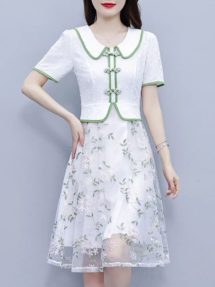 # 7965 Лето Белое Винтажное Ложное Платье А-силуэта с Высокой Талией Из Двух Частей