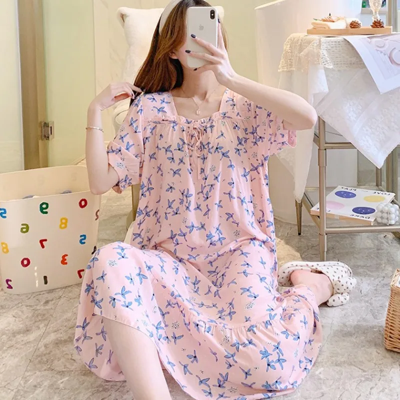 Ladies Pajamas Nightgown Cotton Silk Summer Style Sleep Dresses Women Student Sweet Nightdress