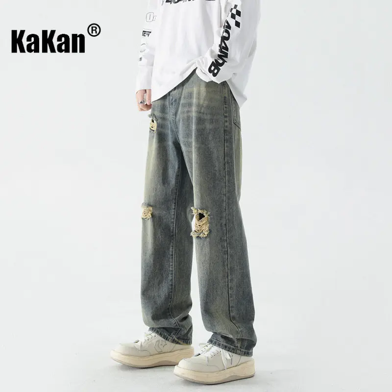 Kakan - New Washed Old Hole Jeans for Men, High Street Trendy Brand Straight Drop Versatile Long Jeans K24-JFS502