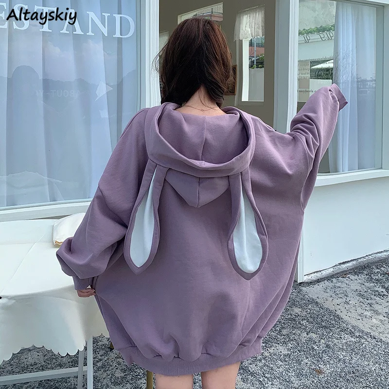 

Rabbit Ear Hooded Sweatshirts Women Sweet Lovely Kawaii Girls Loose Kawaii Hoodies Korean Style Fashion Long Sleeve Outerwear