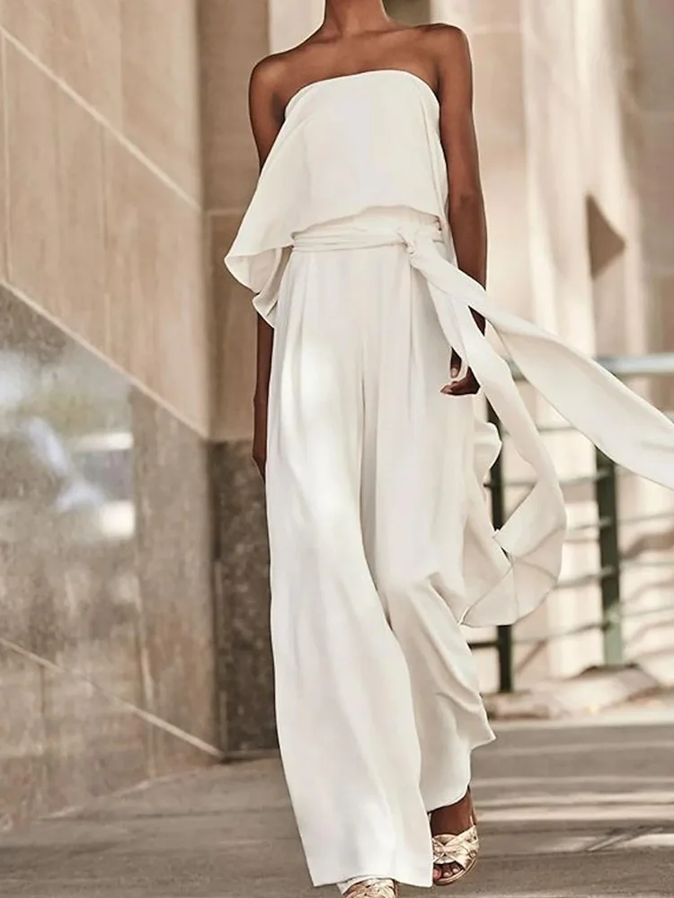 

Mandylandy Women Elegant Summer Loose Jumpsuit Fashion Female Y2k Off Shoulder High Waist Lace Up Wide Leg Trouser Romper