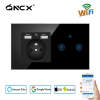 qncx wifi touch light switch with usb wall sockets tuya smart home led sensor switches 123gang 1way crystal panel switches