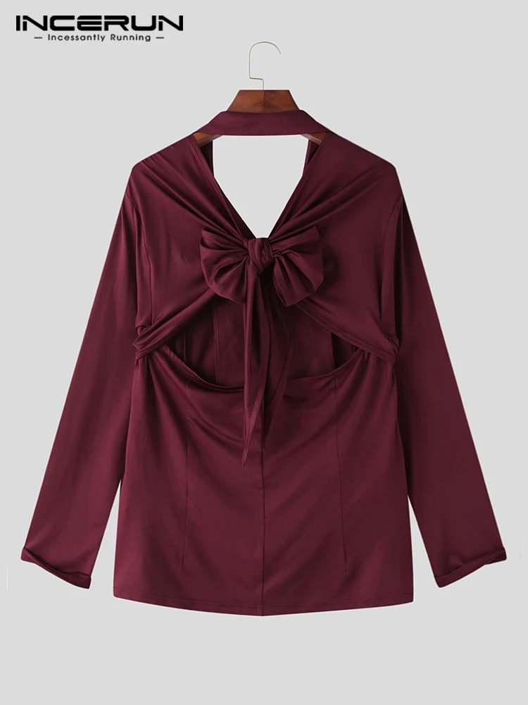 INCERUN Tops 2022 American Style New Men Hollow Collar Well Fitting Blouse Fashion Male Solid All-match Long Sleeve Shirts S-5XL