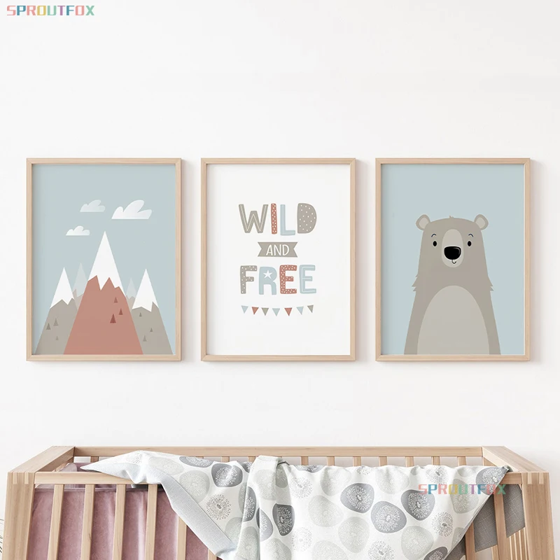 

Cartoon Bear Wall Poster Nordic Mountains Art Canvas Painting Print Baby Nursery Wall Pictures Be Kind Kids Boys Room Decoration