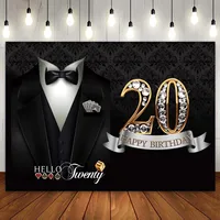 Happy 20th Birthday Casino Backdrop Black Gold Black Suit Background Anniversary Party Wall Poster Cake Table Banner Photo Booth