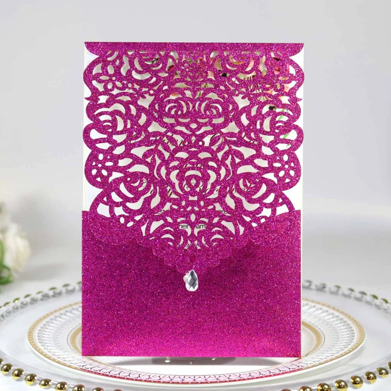 

(100 pieces/lot) Luxury Rose Glitter Wedding Invitation Card With Crystal Personalized Print 15 Years Old Birthday Card IC056