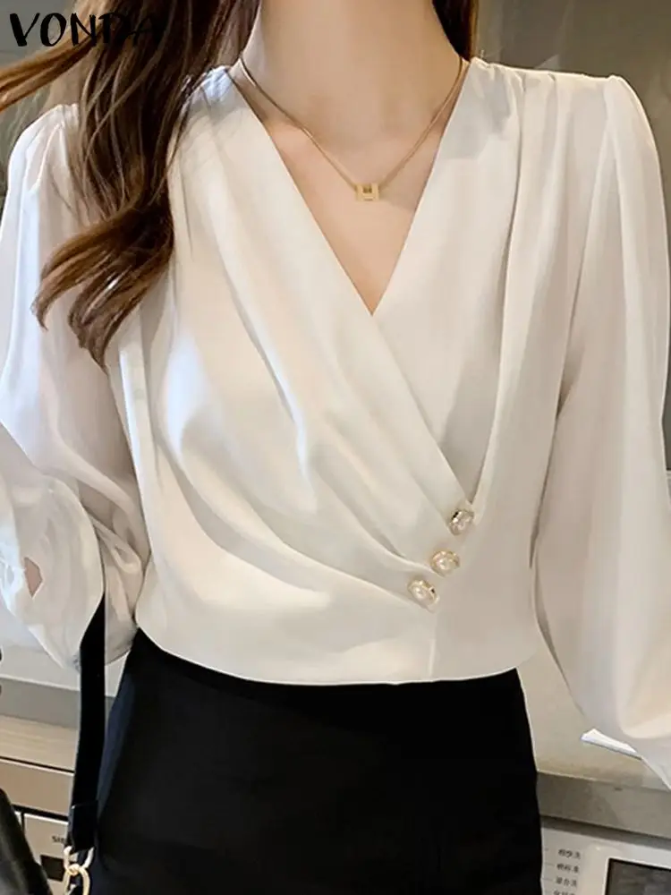 

Elegant Pleated Shirts VONDA Fashion Women Blouse 2023 Autumn Long Puff Sleeve Casual Solid Sexy V-Neck Loose Satin Tunic Tops