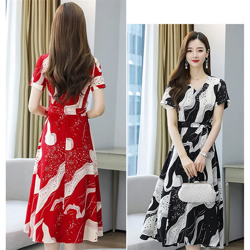 

1PC Short Sleeve Floral Dress Women Office Midi Party Dresses A-Line V Neck Dress For Women New