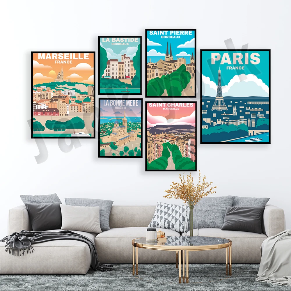 Boulevard Niza, Paris, Eiffel Tower, Bordeaux Saint-Pierre, Lyon Chatelet Gardens, Nice Quartier du Port vintage travel poster
