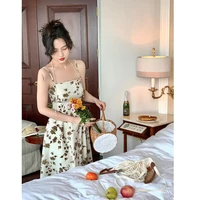 wine noon retro floral suspender skirt womens spring and summer new waist and thin temperament printed tea break party dress